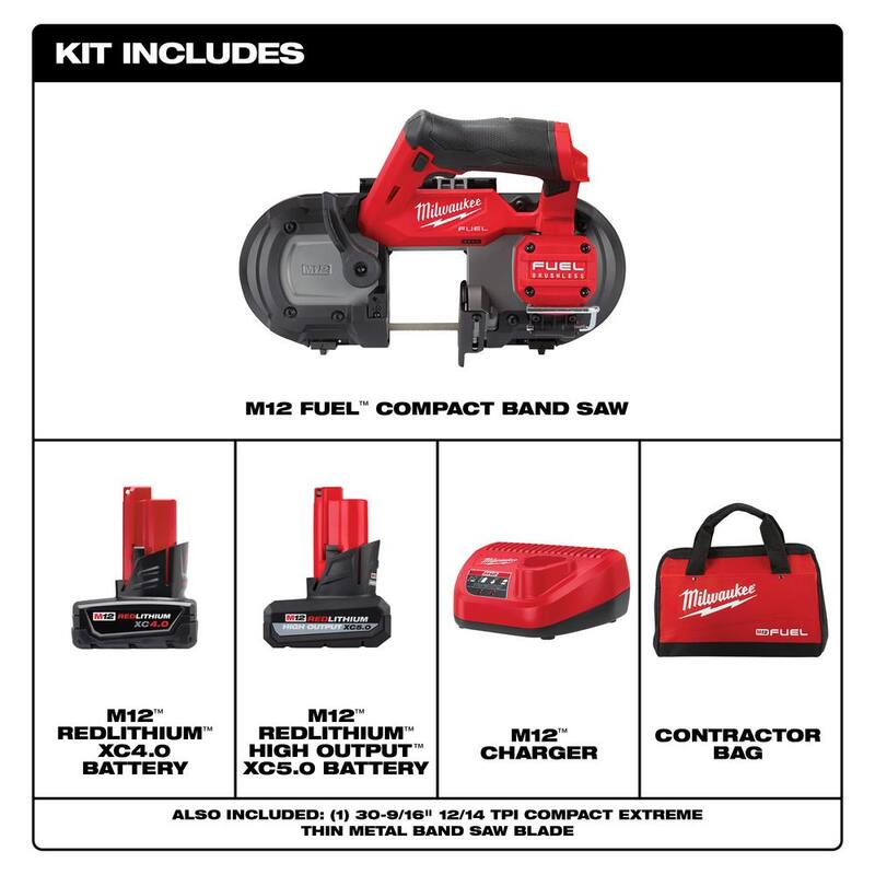 Sierra de cinta compacta inalámbrica Milwaukee M12 FUEL de 12 voltios con batería de iones de litio XC de alta capacidad de 5.0 Ah - 2529-21XC-48-11-2450