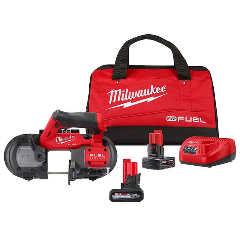 Sierra de cinta compacta inalámbrica Milwaukee M12 FUEL de 12 voltios con batería de iones de litio XC de alta capacidad de 5.0 Ah - 2529-21XC-48-11-2450