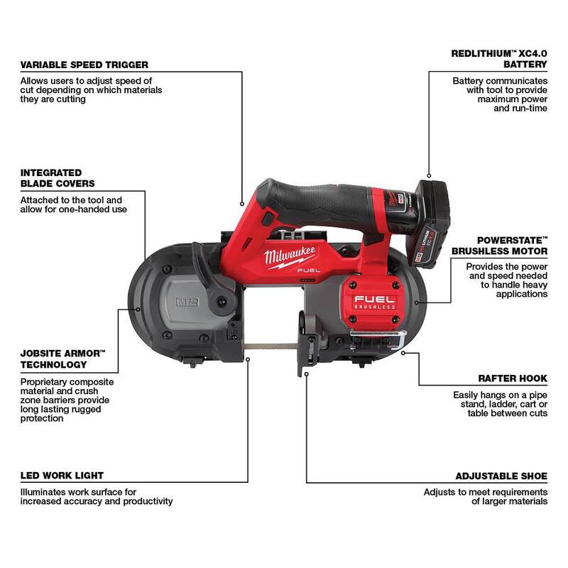 Sierra de cinta compacta inalámbrica Milwaukee M12 FUEL de 12 voltios con batería de iones de litio XC de alta capacidad de 5.0 Ah - 2529-21XC-48-11-2450
