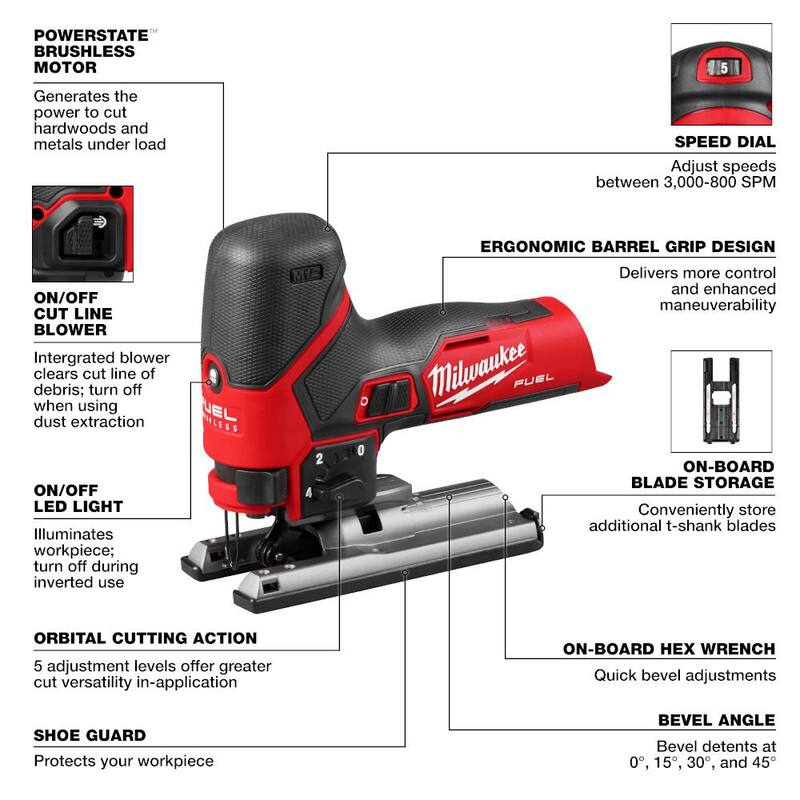 Sierra de calar inalámbrica de 12 voltios Milwaukee M12 Fuel de iones de litio con herramienta rotativa M12 - 2545-20-2460-20