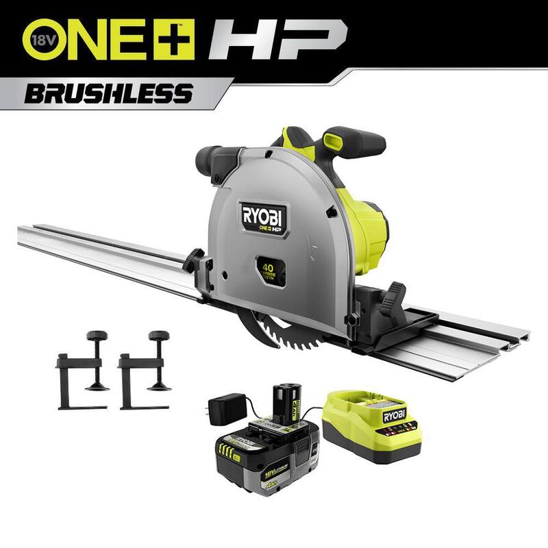 RYOBI ONE+ HP 18V Sierra circular sin escobillas inalámbrica de 6-1/2 pulgadas con kit de riel, batería de 4 Ah HP, cargador y abrazadera de material para sierra de riel (paquete de 2) - PTS01K-A73CL2