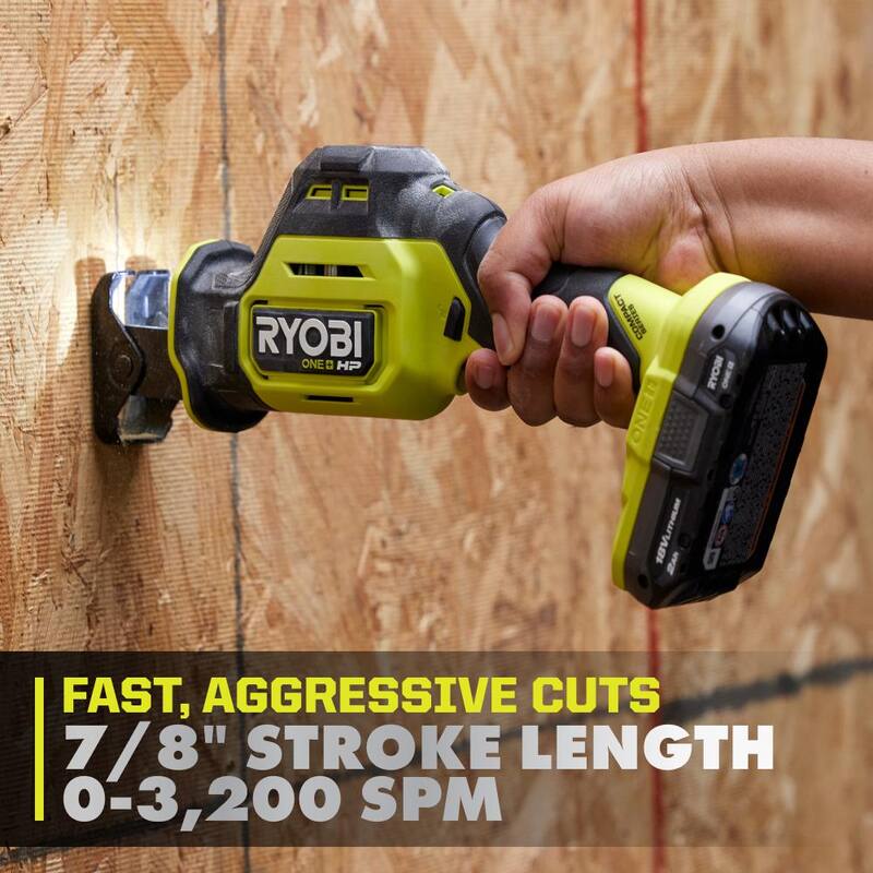 RYOBI ONE+ HP 18V Sierra recíproca compacta inalámbrica sin escobillas de una mano con batería de 2.0 Ah y cargador - Kit PSBRS02K1