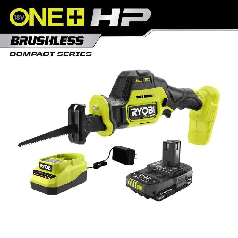 RYOBI ONE+ HP 18V Sierra recíproca compacta inalámbrica sin escobillas de una mano con batería de 2.0 Ah y cargador - Kit PSBRS02K1