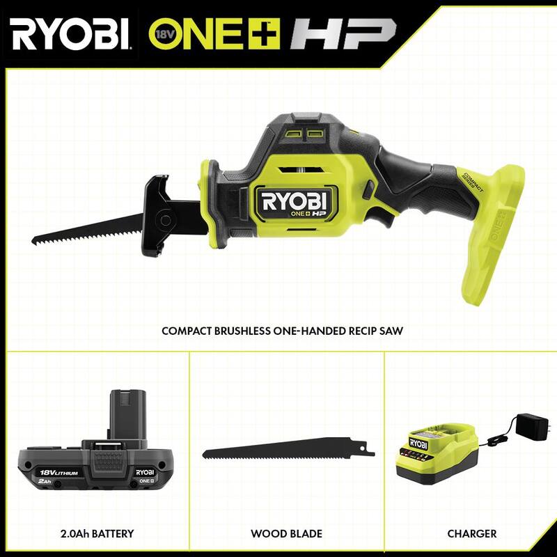 RYOBI ONE+ HP 18V Sierra recíproca compacta inalámbrica sin escobillas de una mano con batería de 2.0 Ah y cargador - Kit PSBRS02K1