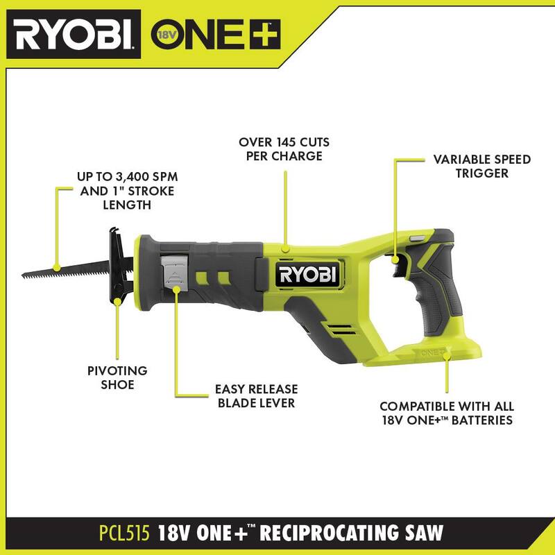 Sierra recíproca inalámbrica RYOBI ONE+ de 18V (herramienta sola) con juego de hojas recíprocas multiusos (35 piezas) - PCL515B-A233501.