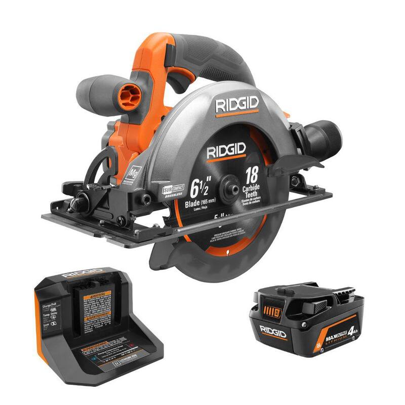 Sierra circular inalámbrica compacta sin escobillas RIDGID 18V de 6-1/2 pulgadas con batería de salida máxima de 4.0 Ah y cargador - R8656K.