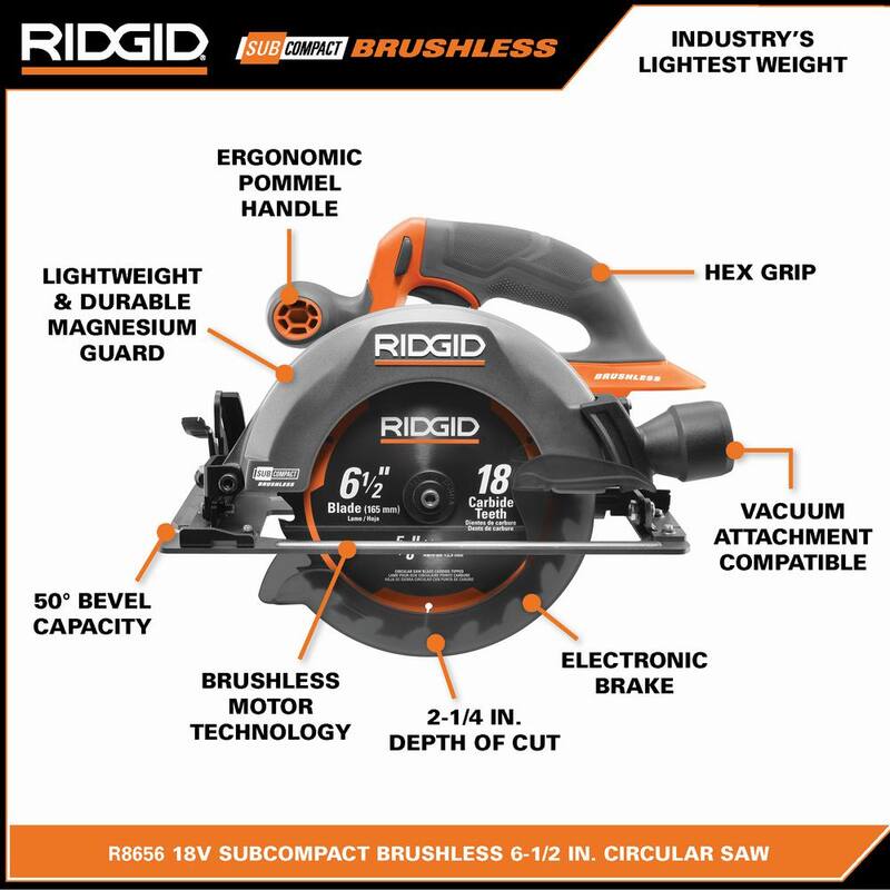Sierra circular inalámbrica compacta sin escobillas RIDGID 18V de 6-1/2 pulgadas con batería de salida máxima de 4.0 Ah y cargador - R8656K.