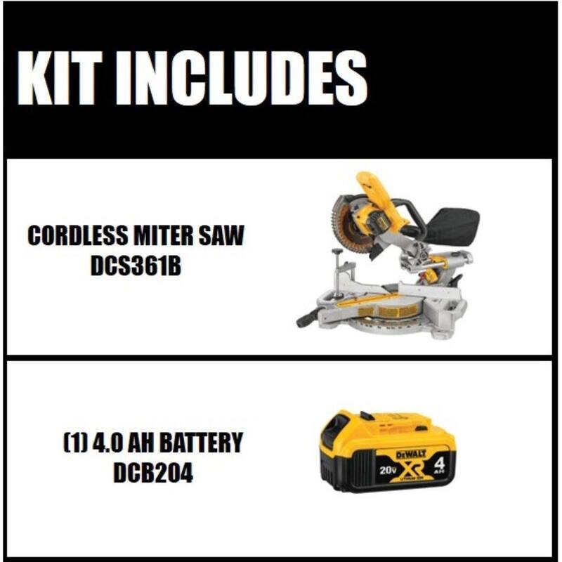 DEWALT Sierra ingletadora deslizante inalámbrica 20V MAX de 7-1/4 pulgadas y (1) batería de iones de litio Premium 20V MAX de 4.0Ah - DCS361BW204
