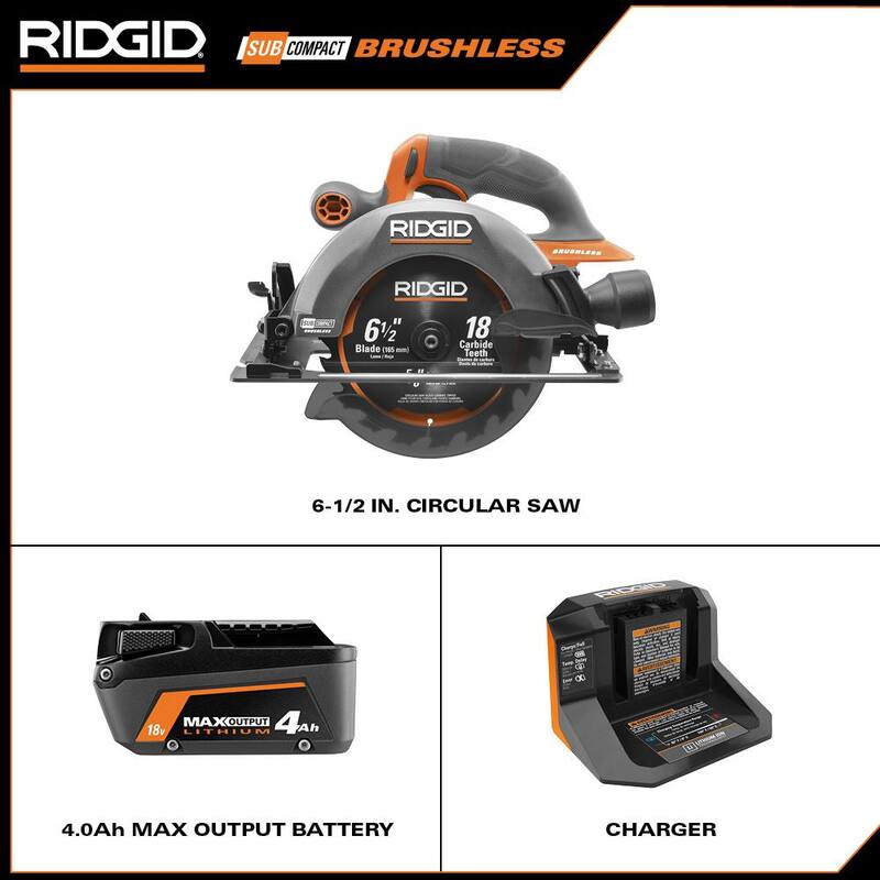Sierra circular inalámbrica RIDGID 18V SubCompact Brushless de 6-1/2 pulgadas con kit de batería de salida máxima de 4.0 Ah y cargador - R8656KN
