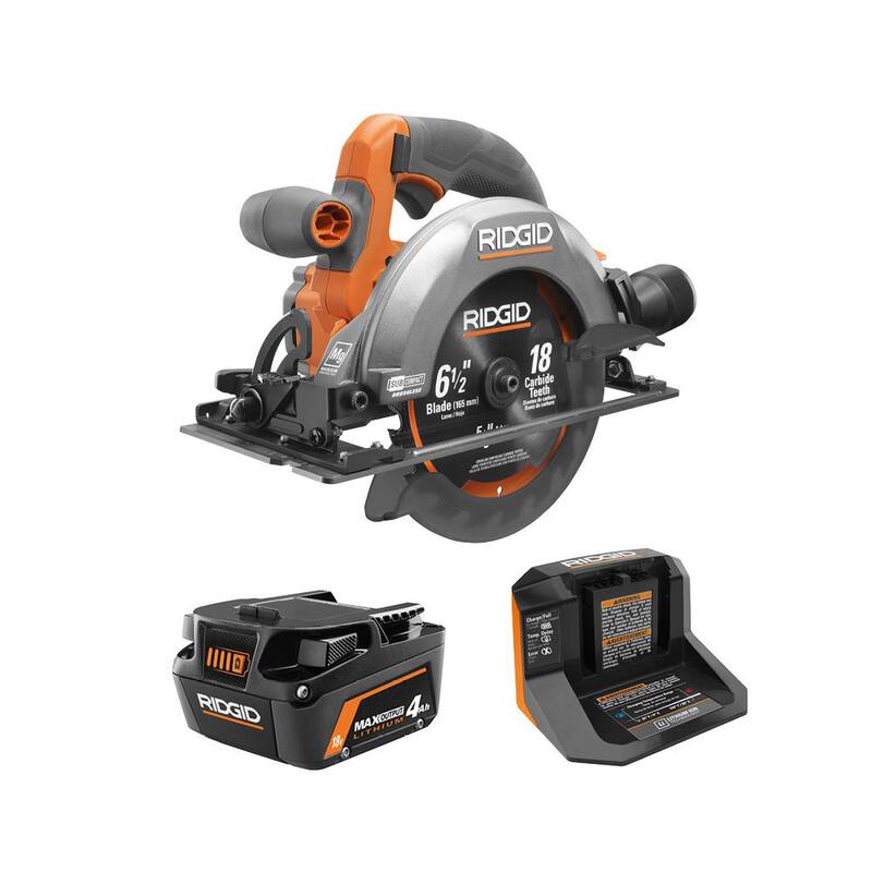 Sierra circular inalámbrica RIDGID 18V SubCompact Brushless de 6-1/2 pulgadas con kit de batería de salida máxima de 4.0 Ah y cargador - R8656KN