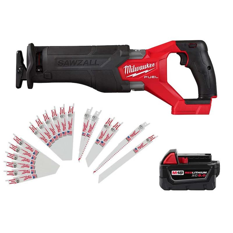 Sierra alternativa inalámbrica Milwaukee M18 FUEL GEN-2 de 18V de iones de litio sin escobillas con batería de 5.0Ah y juego de hojas Sawzall - 2821-20-48-11-1850-49-22-1110F