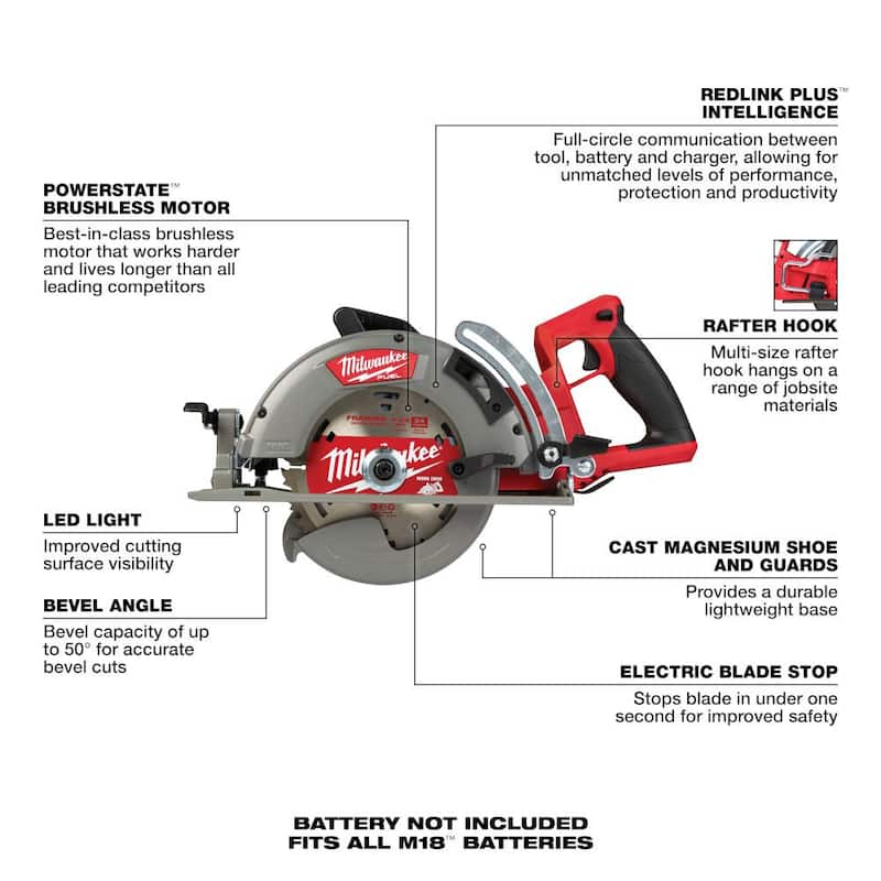 Sierra circular inalámbrica Milwaukee M18 FUEL 18V 7-1/4 in. de iones de litio con mango trasero con batería de alto rendimiento de 8.0 Ah - 2830-20-48-11-1880