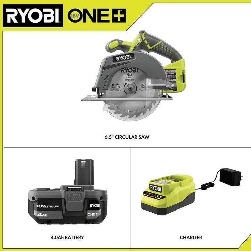 RYOBI ONE+ 18V Sierra Circular Inalámbrica de 6-1/2 pulgadas con batería de 4.0 Ah y cargador de 18V - P507K1