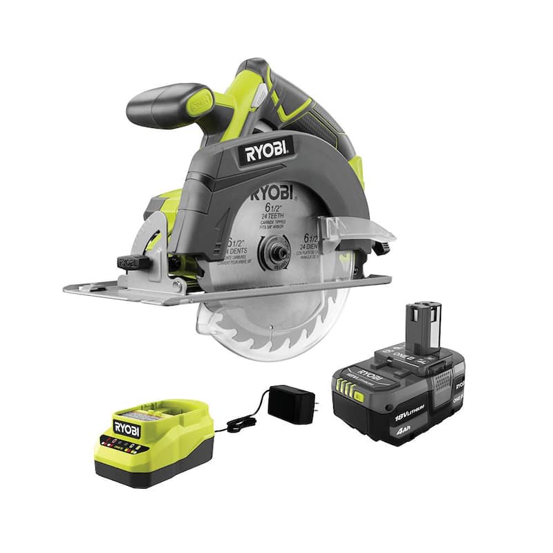 RYOBI ONE+ 18V Sierra Circular Inalámbrica de 6-1/2 pulgadas con batería de 4.0 Ah y cargador de 18V - P507K1