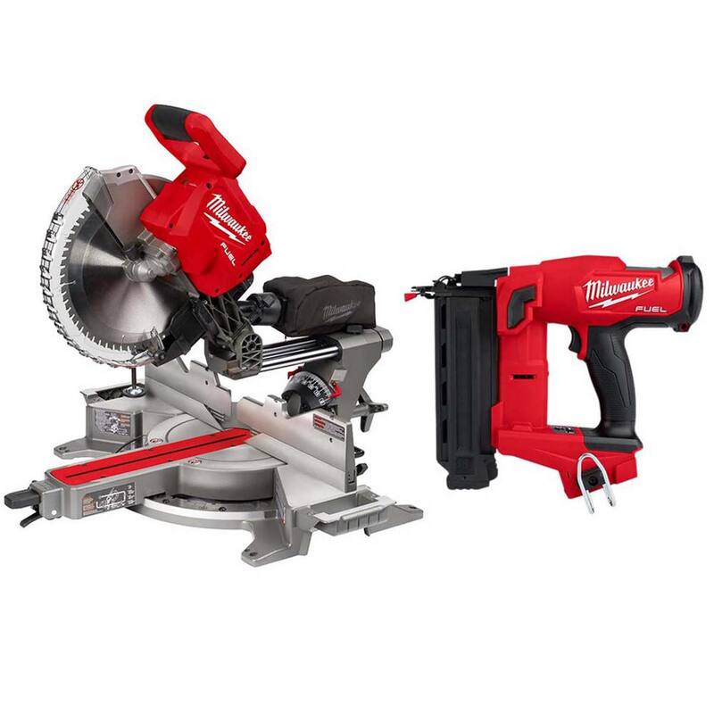 Sierra ingleteadora compuesta deslizante inalámbrica de batería de iones de litio de 18V sin escobillas Milwaukee M18 FUEL de 12 pulgadas con bisel doble y clavadora de brad de calibre 18 - 2739-20-2746-20.