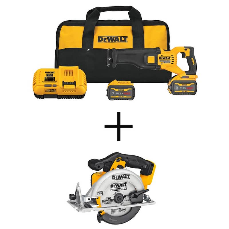 Sierra reciproca inalámbrica sin escobillas DEWALT FLEXVOLT 60V MAX y sierra circular de 6-1/2 pulgadas 20V con (2) baterías FLEXVOLT 9.0Ah - DCS389X2WDCS391