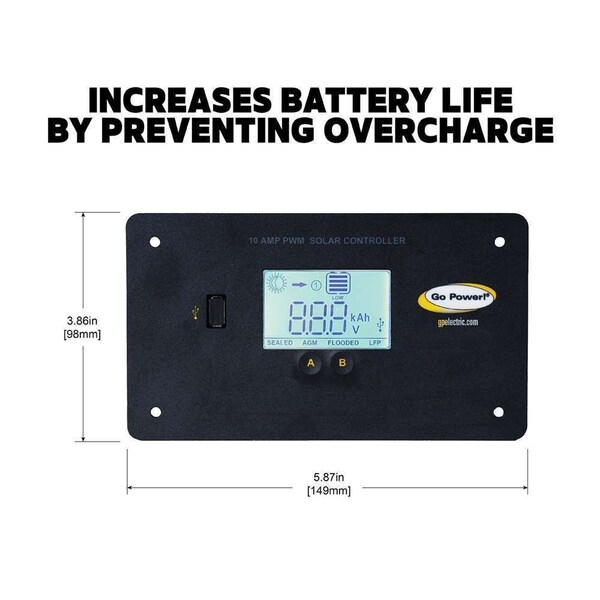 Go Power! GP-PWM-10-FM 10 AMP FLUSH MOUNTED PWM DIGITAL SOLAR CONTROLLER W/USB P - 80503