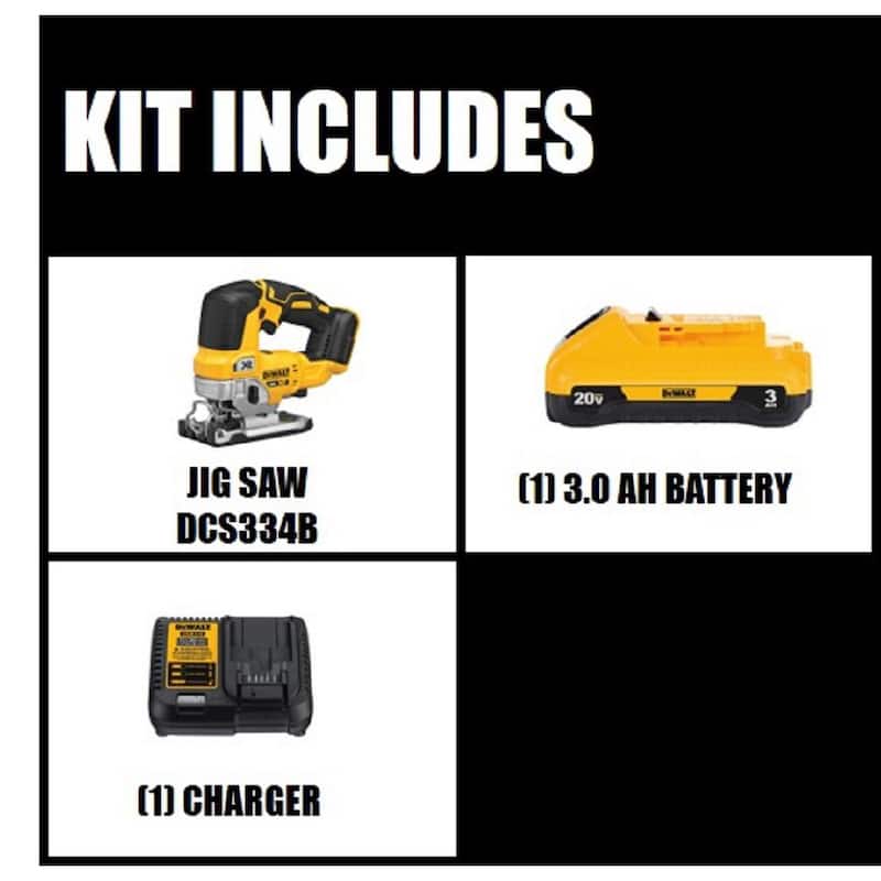 Sierra de calar inalámbrica sin escobillas DEWALT 20V MAX XR, (1) batería de iones de litio compacta de 20V MAX de 3.0Ah y cargador 12V-20V MAX - DCS334BW230C