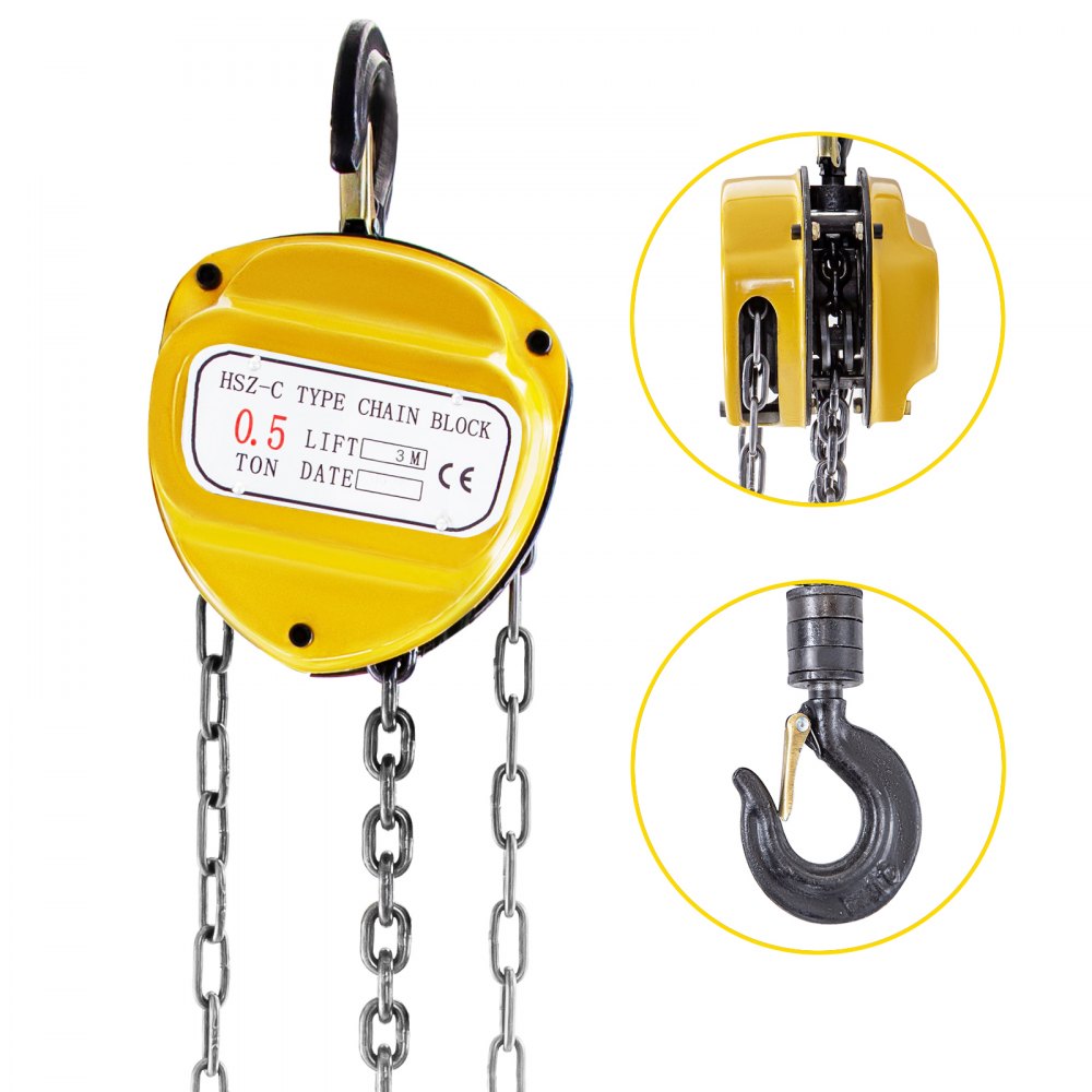VEVOR Chain Hoist 1100lbs/0.5ton, Chain Block Hoist Manual Chain Hoist 10ft/3m Block Chain Hand Chain Lifting Hoist w/Two Hooks Chain Pulley Tackle Hoist Winch Lifting Pulling Equipment in Yellow - SLHL0.5D3M0000001V0