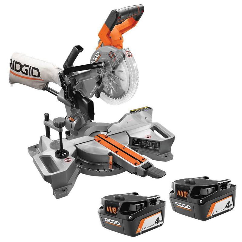 Sierra ingleteadora deslizante de doble bisel sin escobillas RIDGID de 18V con batería de iones de litio de 4.0 Ah (paquete de 2) - R48607B-AC87004P.
