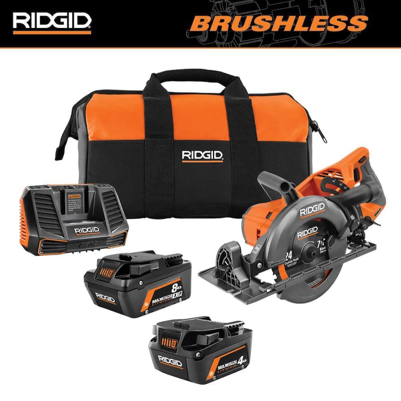 Sierra Circular Inalámbrica RIDGID de 18V sin Escobillas de 7-1/4 pulg. con Mango Trasero, Kit con (2) Baterías MAX de 4.0 Ah de Salida, Cargador, Bolsa - R8658K-AC840040