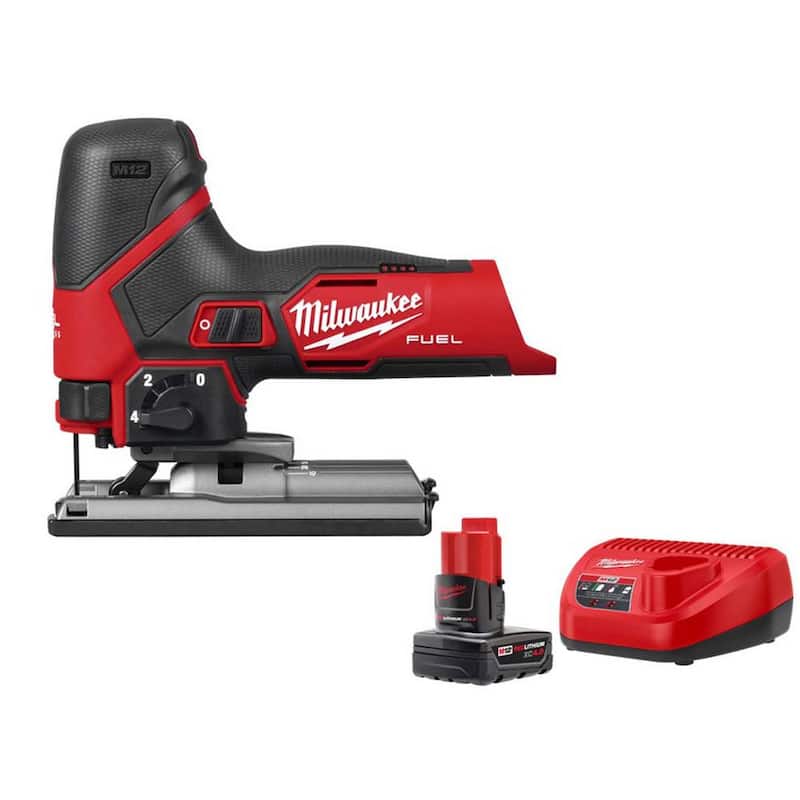 Sierra de desplazamiento inalámbrico Milwaukee M12 de 12 voltios con batería de iones de litio Fuel y kit de inicio M12 4.0Ah - 2545-20-48-59-2440