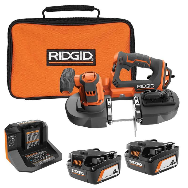 SIERRA DE CINTA COMPACTA INALÁMBRICA RIDGID 18V con (2) baterías de 4.0 Ah, cargador de 18V y bolsa - R8604B-AC93044SBN