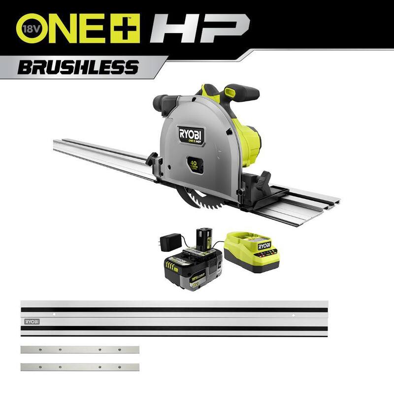 RYOBI ONE+ HP Sierra de Riel Inalámbrica sin escobillas de 18V de 6-1/2 pulgadas con Kit de Batería de Alto Rendimiento de 4 Ah, Cargador y Riel de 55 pulgadas - A73TS02-PTS01K.