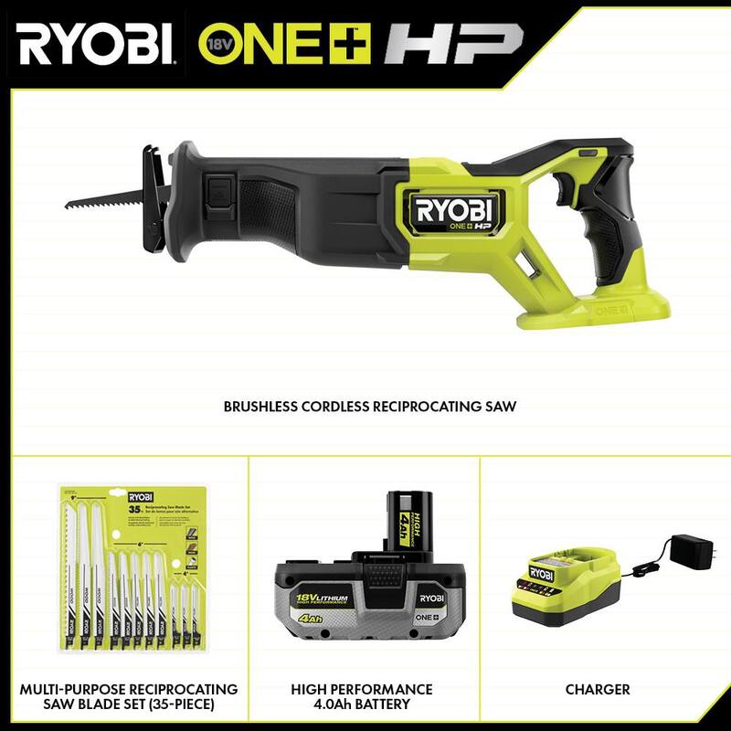 RYOBI ONE+ HP 18V Sierra de Sable Inalámbrica Recíproca sin Escobillas Kit con Batería de 4.0Ah, Cargador y Set de Hojas para Sierra de Sable Recíproca (35 Piezas) - PBLRS01K1-A233501