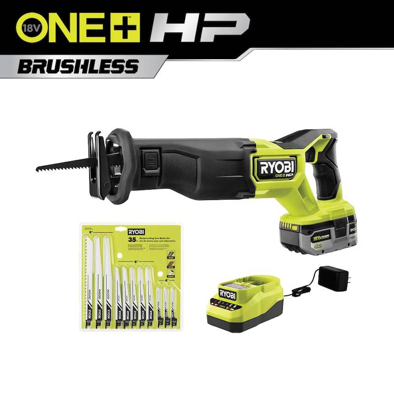 RYOBI ONE+ HP 18V Sierra de Sable Inalámbrica Recíproca sin Escobillas Kit con Batería de 4.0Ah, Cargador y Set de Hojas para Sierra de Sable Recíproca (35 Piezas) - PBLRS01K1-A233501
