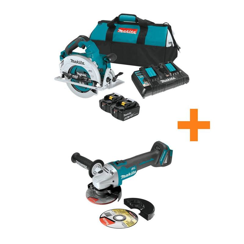 Sierra circular inalámbrica sin escobillas de 36V (18V X2) de Makita 7-1/4 pulgadas Kit con batería de 5.0Ah y Amoladora angular inalámbrica sin escobillas de 18V X2 - XSH06PT-XAG04Z.