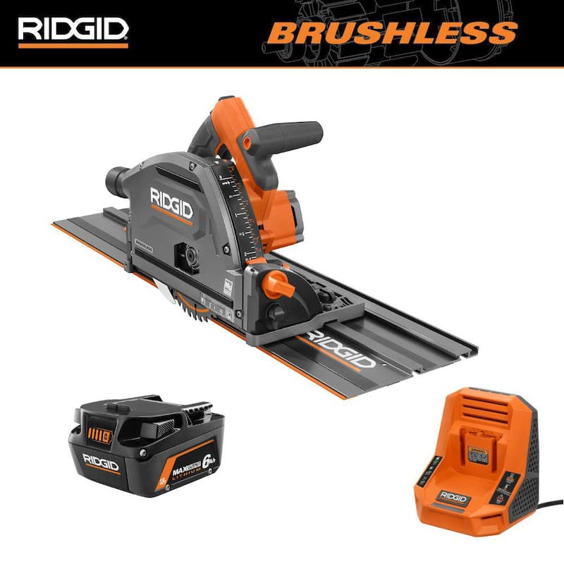 Sierra de riel inalámbrica RIDGID 18V sin escobillas con batería de iones de litio de 18V 6.0 Ah de salida máxima y cargador rápido - R48630B-AC840060-AC86098.