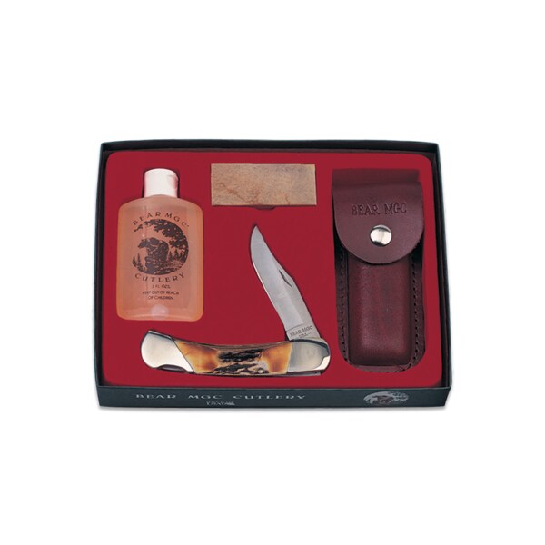 Bear & Sons Cutlery 2023 Bear 5' Genuine India Stag Bone Prof Lkbk W/Oil & Sharpening Stone - BEA-S597