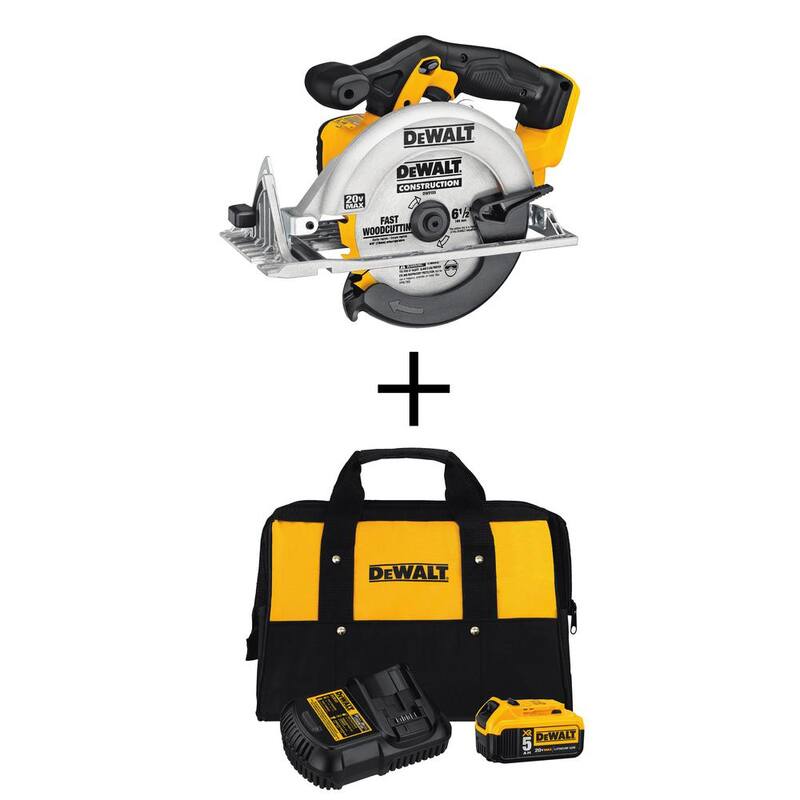 Sierra circular inalámbrica DEWALT 20V MAX de 6.5 pulgadas, (1) Batería de 20V de iones de litio de 5.0Ah, Cargador y Bolsa de herramientas - DCS391BW205CK