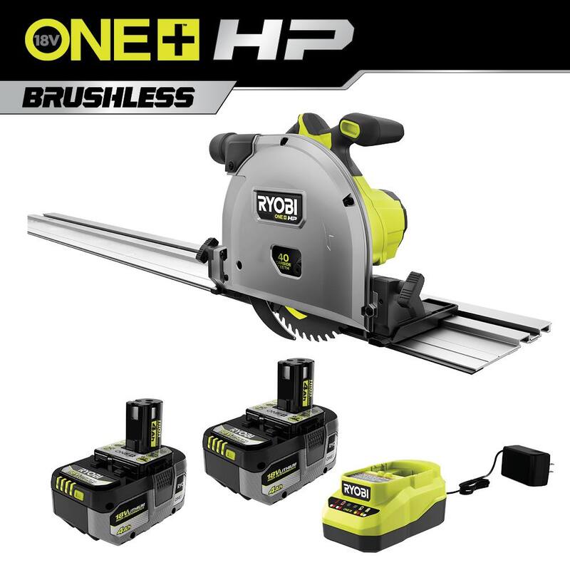 RYOBI ONE+ HP 18V Sierra circular de riel inalámbrica sin escobillas de 6-1/2 pulgadas con kit de (2) baterías de alto rendimiento de 4.0 Ah y cargador - PTS01K-PBP004