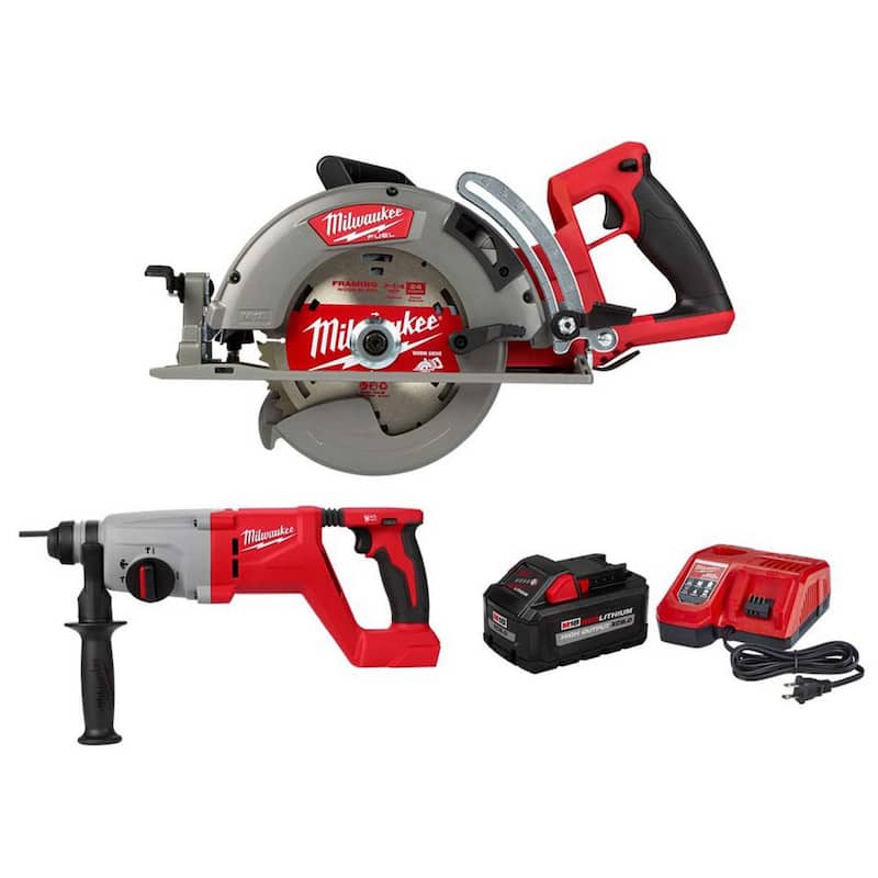 Sierra circular inalámbrica Milwaukee M18 FUEL de 18V con batería de iones de litio de 7-1/4 pulgadas y mango trasero, con martillo rotativo SDS Plus de 1 pulgada y kit de arranque de 8.0ah - 2830-20-2613-20-48-59-1880.