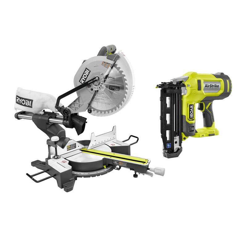 Sierra ingleteadora compuesta deslizante con cable de 15 amperes y 12 pulgadas y clavadora inalámbrica de acabado AirStrike de calibre 16 ONE+ 18V (Herramienta solamente) - TSS121-P326.