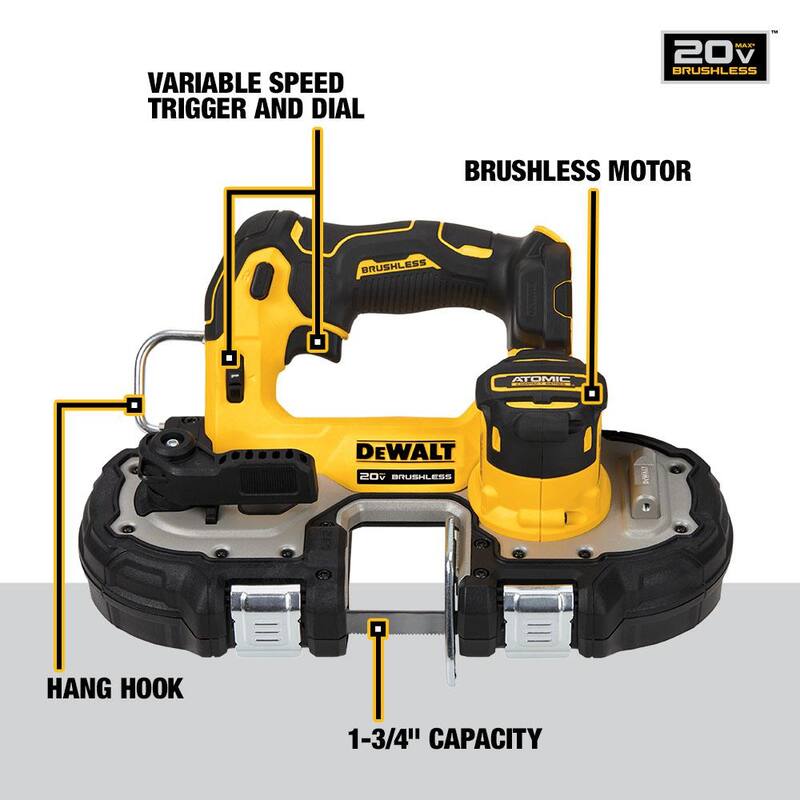 DEWALT ATOMIC 20V MAX Sierra de cinta compacta inalámbrica sin escobillas de 1-3/4" y (1) Batería Premium de 20V MAX de Iones de Litio 5.0Ah - DCS377BWDCB205.
