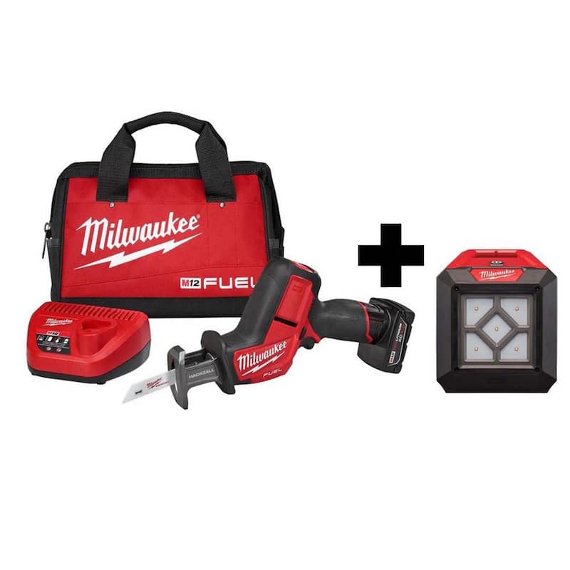 Sierra reciproca inalámbrica Milwaukee M12 FUEL 12V de iones de litio HACKZALL con kit de luz de inundación compacta M12 (herramienta única) - 2520-21XC-2364-20.