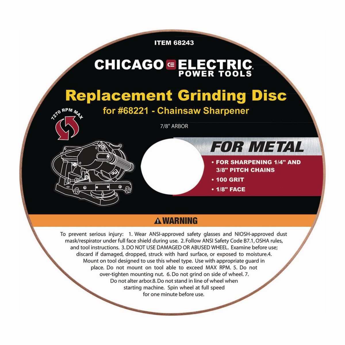 Disco de esmerilado de óxido de aluminio de 4-1/4 pulgadas para afilador de motosierras de Chicago Electric Power Tools - 68243