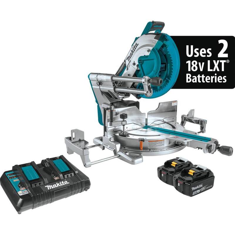 Sierra ingleteadora compuesta deslizante de bisel doble sin escobillas de 12 pulgadas de 36V con capacidad AWS, kit de baterías de 5.0 Ah XSL08PT de Makita 18V X2 LXT de iones de litio.