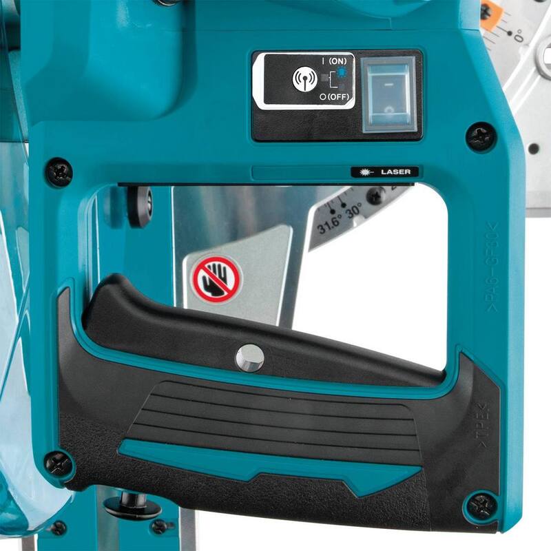 Sierra ingleteadora compuesta deslizante de bisel doble sin escobillas de 12 pulgadas de 36V con capacidad AWS, kit de baterías de 5.0 Ah XSL08PT de Makita 18V X2 LXT de iones de litio.