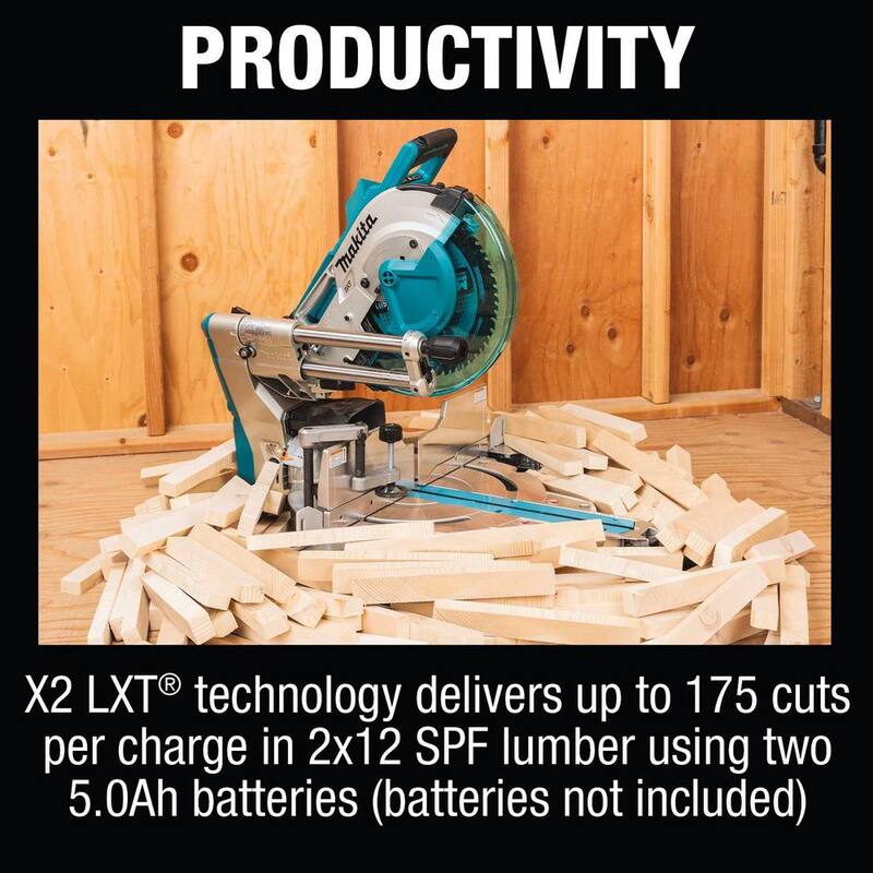 Sierra ingleteadora compuesta deslizante de bisel doble sin escobillas de 12 pulgadas de 36V con capacidad AWS, kit de baterías de 5.0 Ah XSL08PT de Makita 18V X2 LXT de iones de litio.