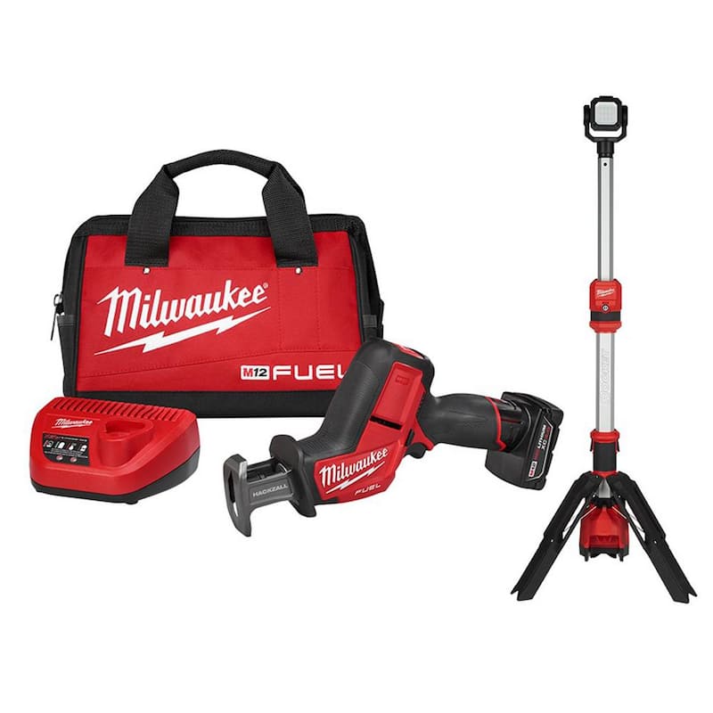 Sierra reciproca inalámbrica Milwaukee M12 FUEL 12V de iones de litio sin escobillas con kit de sierra de podar HACKZALL y luz de soporte M12 Rocket - 2520-21XC-2132-20