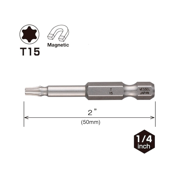 Vessel NECK TORSION Power Bit T15x50 W/ M, PK10 - MGETX1550P10T