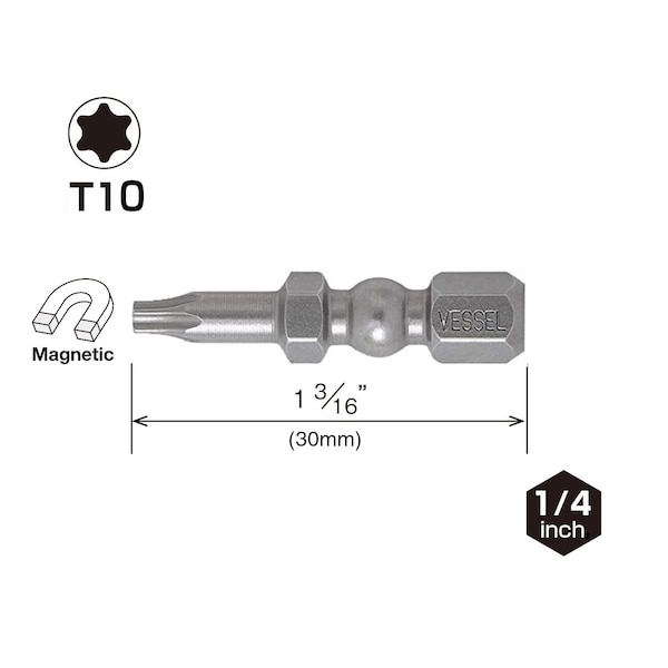 Vessel IMPACT BALL Torsion Bit T10x30, PK25 - IBTX1030P25K