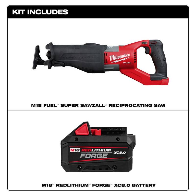 Milwaukee M18 FUEL 18V Sierra reciprocante inalámbrica Brushless Super SAWZALL de Lith-Ion con paquete de batería M18 REDLITHIUM FORGE XC de 8.0 Ah - 2722-20-48-11-1881.