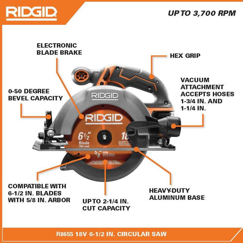 Sierra circular inalámbrica RIDGID de 18V de 6 1/2 pulgadas (solo la herramienta) con una hoja adicional de sierra circular de 6-1/2 pulgadas - R8655B-AC612N