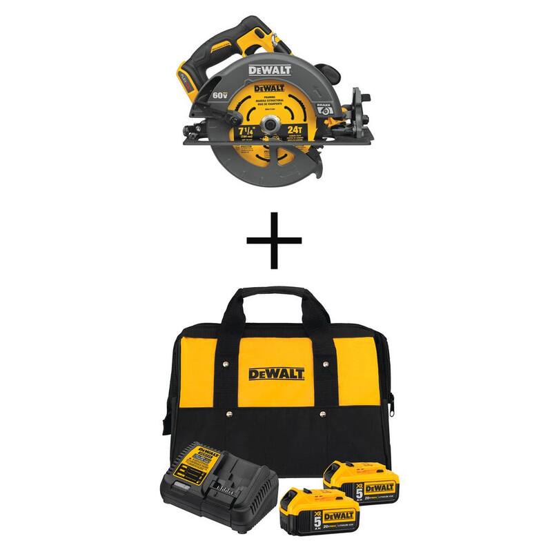 DEWALT FLEXVOLT 60V MAX Sierra Circular Inalámbrica con Motor sin Escobillas de 7-1/4 pulgadas, (2) Baterías 20V 5.0Ah, Cargador y Bolsa de Kit - DCS578BW2052CK