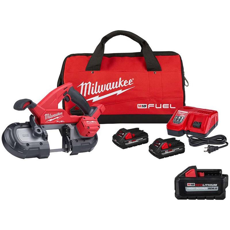 Sierra de banda compacta inalámbrica Milwaukee M18 FUEL de 18 voltios con tecnología de iones de litio sin escobillas, kit con (2) baterías de alto rendimiento de 3.0 Ah y (1) batería de 6.0 Ah - 2829-22-48-11-1865